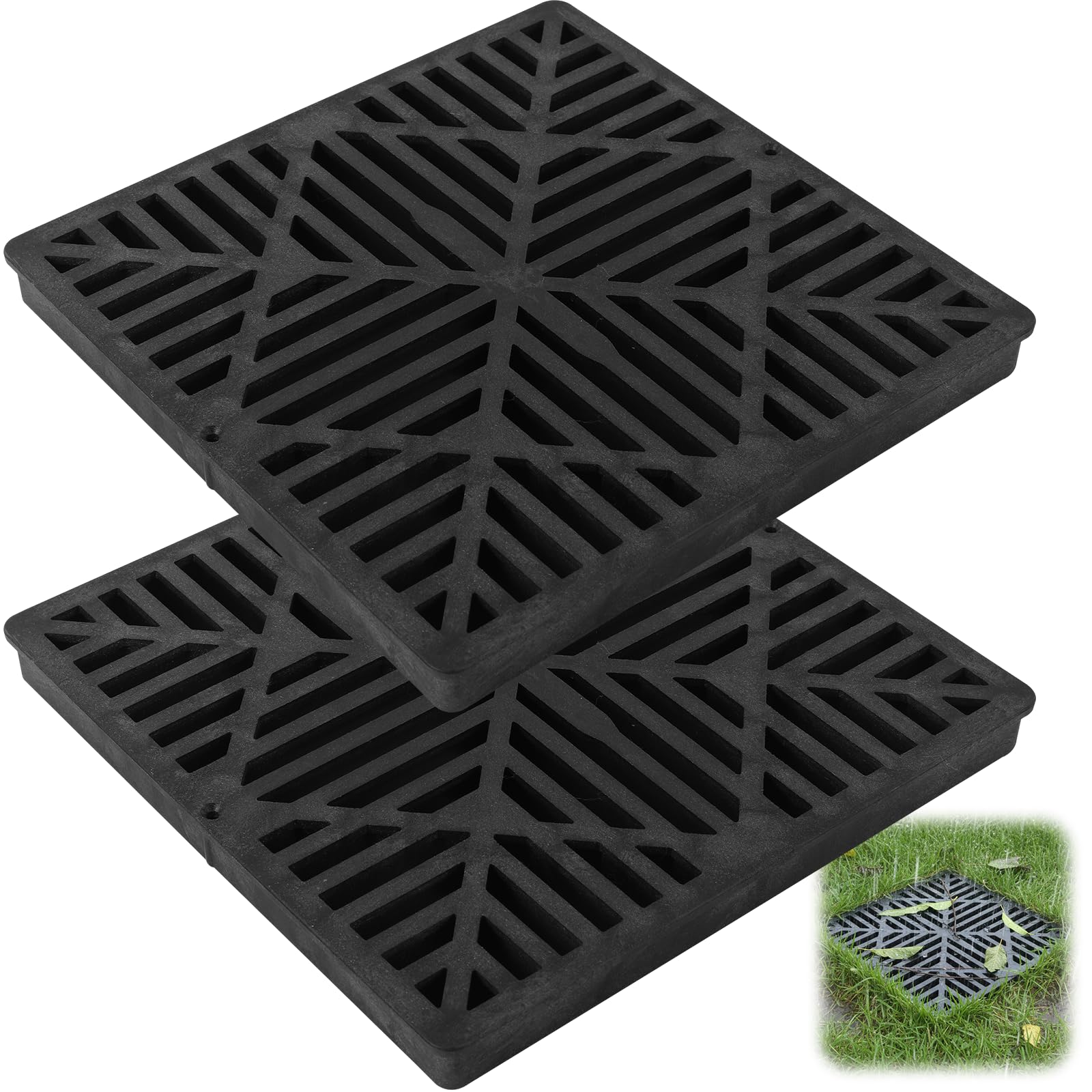 Photo 1 of (2-Pack) Calvana Square Drain Grate, Compatible with NDS 1211G, Diamond Design for 12-Inch Catch Basins, Risers, and Low Profile Adapters, Extra Reinforcement for Toughness, Polyethylene, Black