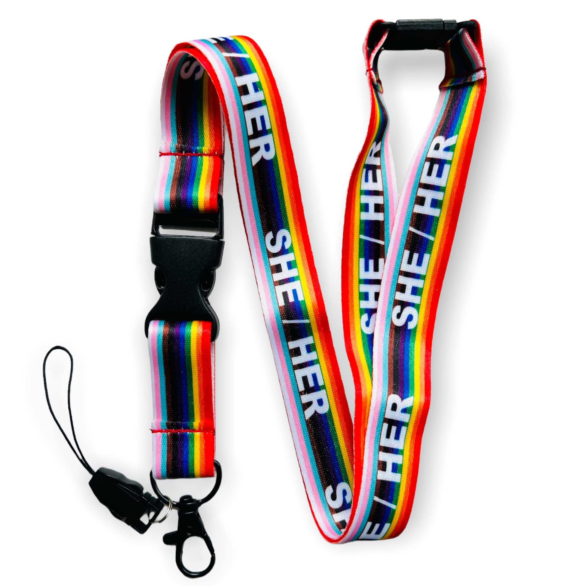PAC Supplies Global Rainbow LGBTQ LGBT Non-Binary Pronouns Lanyard With Safety Break, Detachable Buckle Clip & Safety (SHE/HER)