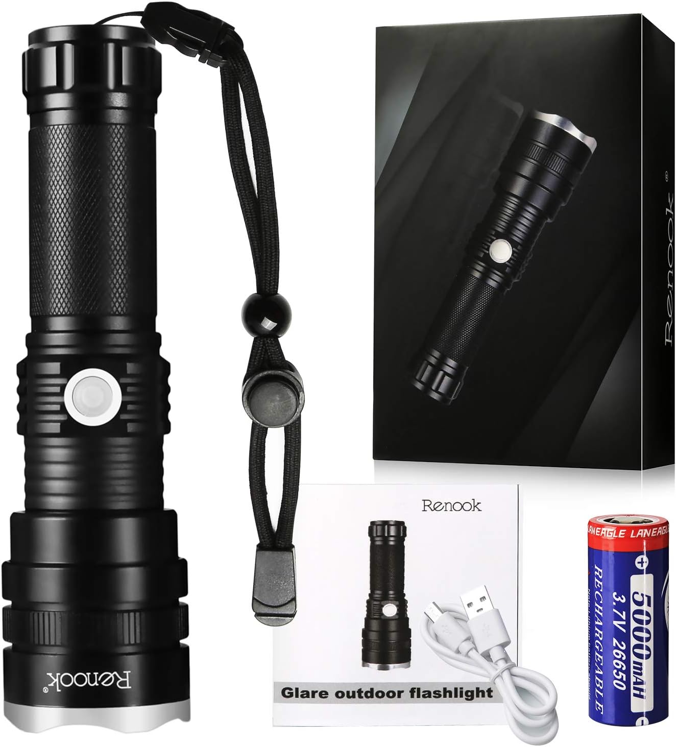RENOOK Rechargeable Flashlight, 1200 High Lumens Professional Tactical Flashlight, 26650 5000 mAh battery included, for Hiking, Camping, and Hunting. - - 