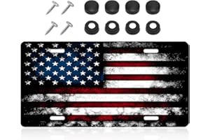 NYTKL Vintage American Flag License Plate, Personalized Novelty USA Flag Car Front License Plate Cover with 4 Screws, Stainless Aluminum Metal American License Tag for Decor (Black & Red)