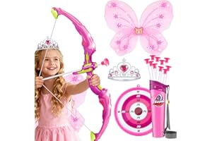 OWNONE 1 Pink Bow and Arrow Set for Girls, LED Light Up Archery Set with 10 Suction Cup Arrows, Target, Fairy Wings & Princess Crown, Birthday Gift Outdoor Toys for Kids Girls Ages 3-12