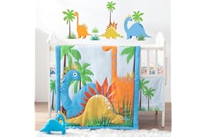 Bertte 4 Piece Crib Bedding Set for Boys Girls, Nursery Bedding Standard Size Soft Baby Bedding Crib Set Including Cartoon Quilt, Crib Skirt, Fitted Crib Sheet and Plush Toy (Blue Dinosaur)