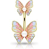 Jewseen Belly Button Ring 316l Stainless Steel Pearl Pink Blue Butterfly Navel Ring Curved Barbell Piercing Jewelry