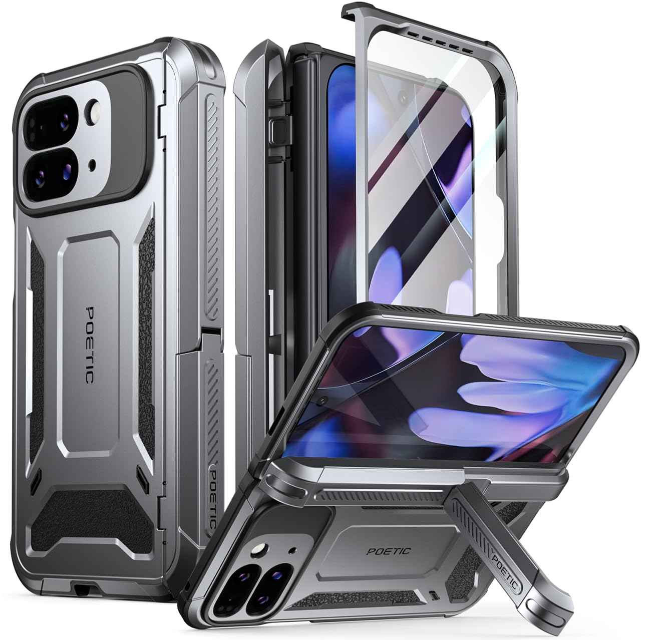Photo 1 of Poetic Spartan Case for Google Pixel 9 Pro Fold 5G, [Hinge Protection][Kickstand][Mil-Grade Protection] Full-Body Shockproof Protective Rugged Cover with Built-in Screen Protector, Metallic Gun Metal