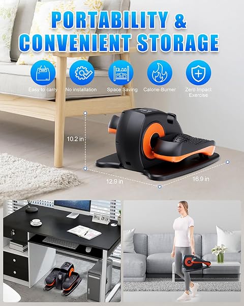 UNDER DESK ELLIPTICAL MACHINE, ELECTRIC ELLIPTICAL LEG EXERCISER FOR SENIORS WITH 12 ADJUSTABLE, PORTABLE QUIET ELLIPTICAL EXERCISE MACHINE, SEATED PEDAL EXERCISER WITH REMOTE CONTROL (ORANGE)