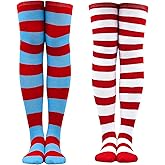 ChristmaxStore 2 Pairs Of Red Blue Striped Over the knee Socks for Women Ideal for Halloween