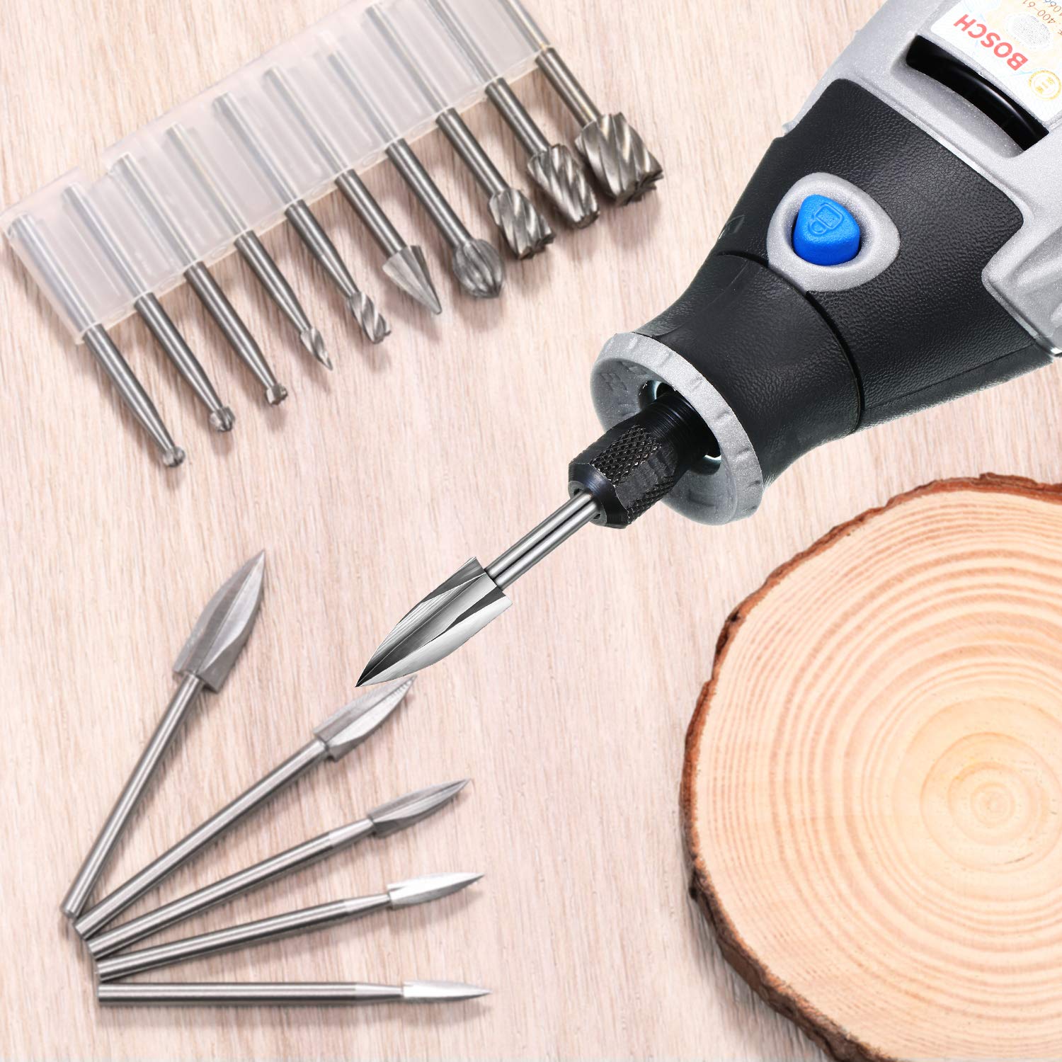 Honoson 15 Pieces Wood Carving and Engraving Drill Bit Set, Including Engraving Drill Accessories Bit and HSS Carbide Wood Milling Burrs for DIY Crafts Supplies