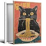 Vintage Japanese Cat Canvas Wall Art, Quirky Black