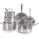 T-fal Pro Tri-Ply Stainless Steel Cookware Set, 10 Piece-Induction Compatible, Oven Safe 500F, Lids-350F, Even Heat, Professi