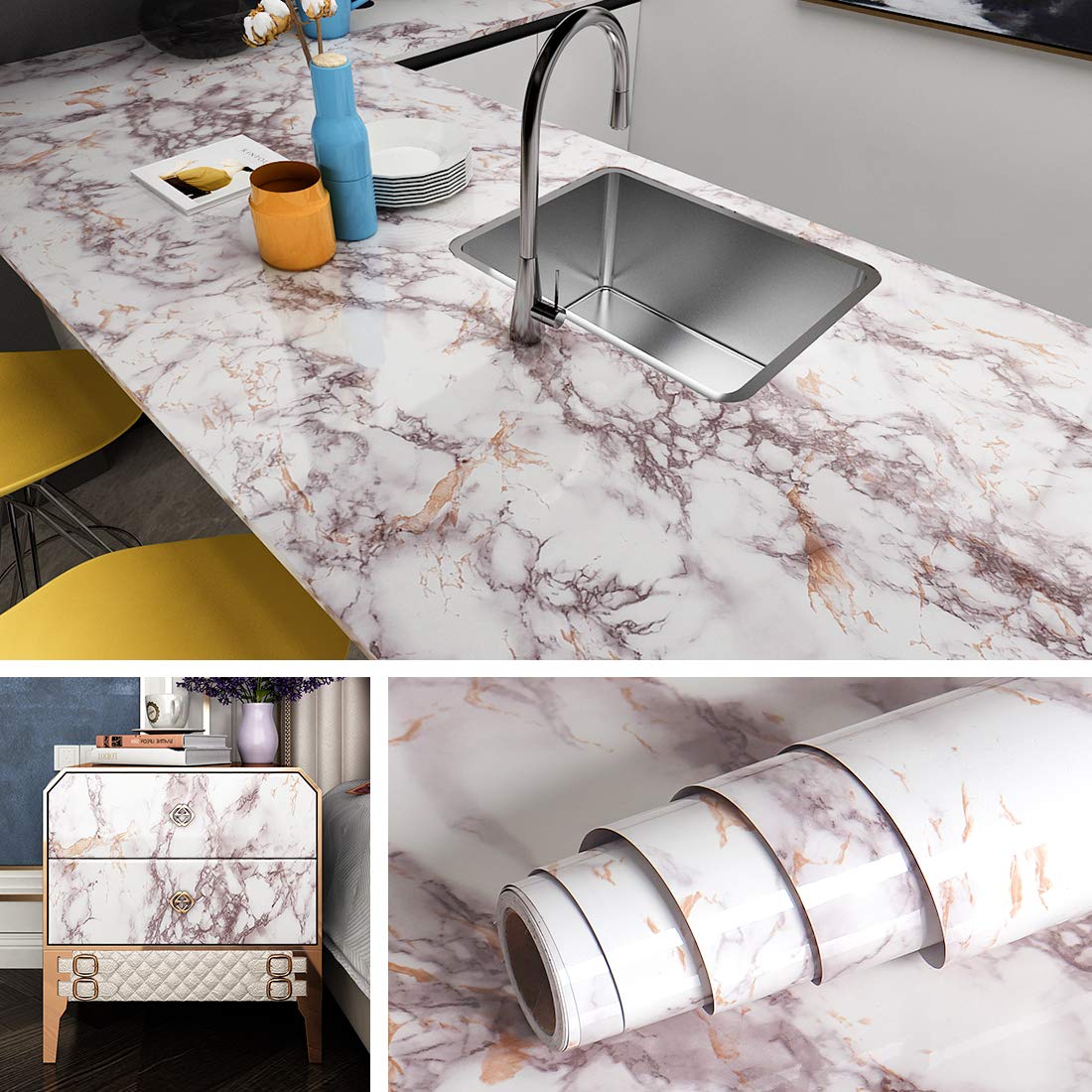 Livelynine Rose Marble Contact Paper Peel and Stick Countertops for Kitchen Waterproof Self Adhesive Wallpaper for Bathroom Table Countertop Contact Paper Desk Cover Counter Top Vinyl Wrap 15.8x78.8