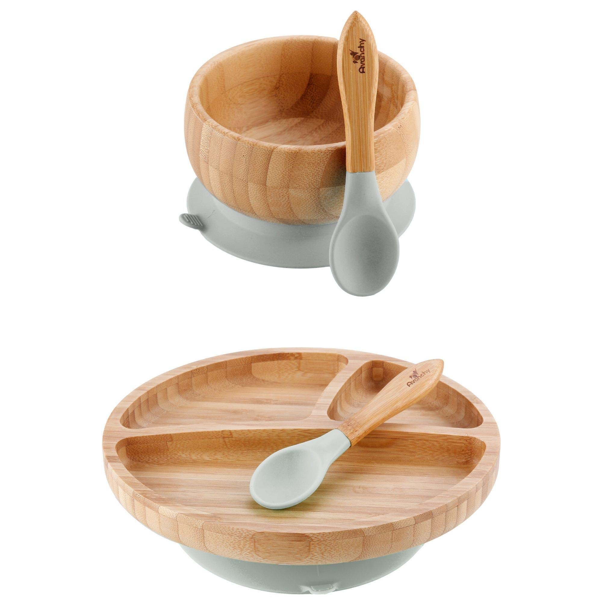 Avanchy Bamboo Suction Toddler Divider Plate, Bamboo Bowl & Spoon - 9 Months and Older - Silicon Suc