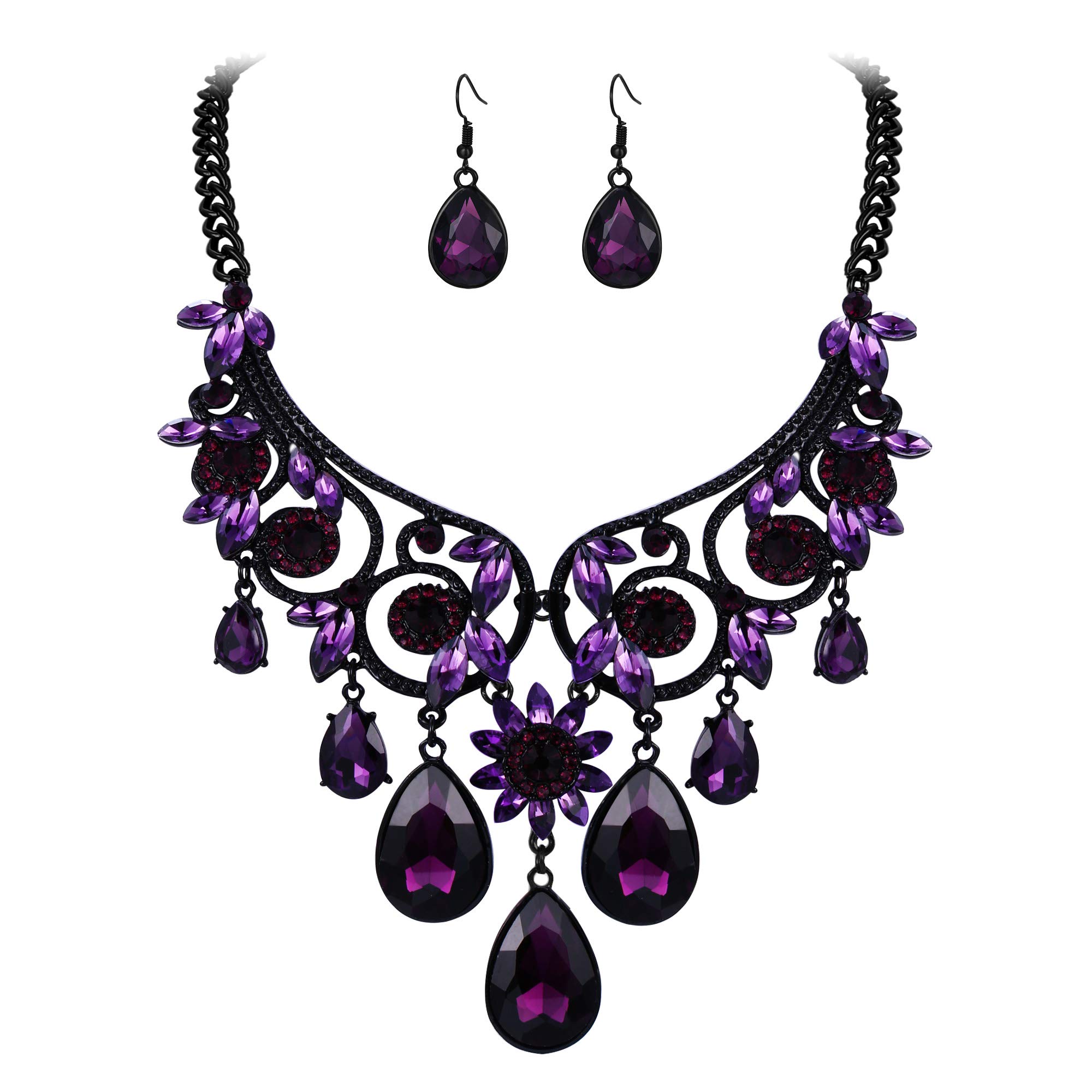 Clearine Halloween Costume Jewellery Diamante Crystal Gemstone Tribal Ethnic Chunky Wedding Bridal Statement Necklace Dangle Earrings Set Amethyst Colour Black-Tone