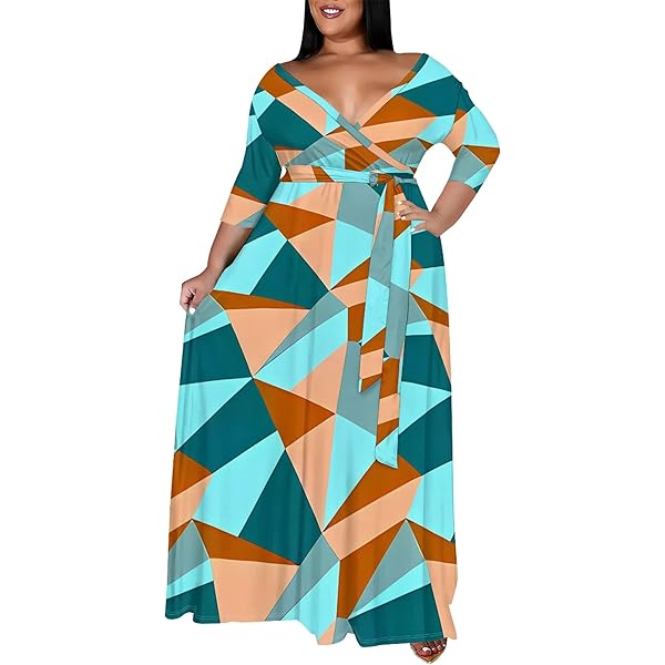 Kotiera Maxi Dresses for Women Geometric Pattern V Neck 3/4 Sleeve Casual  Long Sundress with Belt XL at Amazon Women's Clothing store