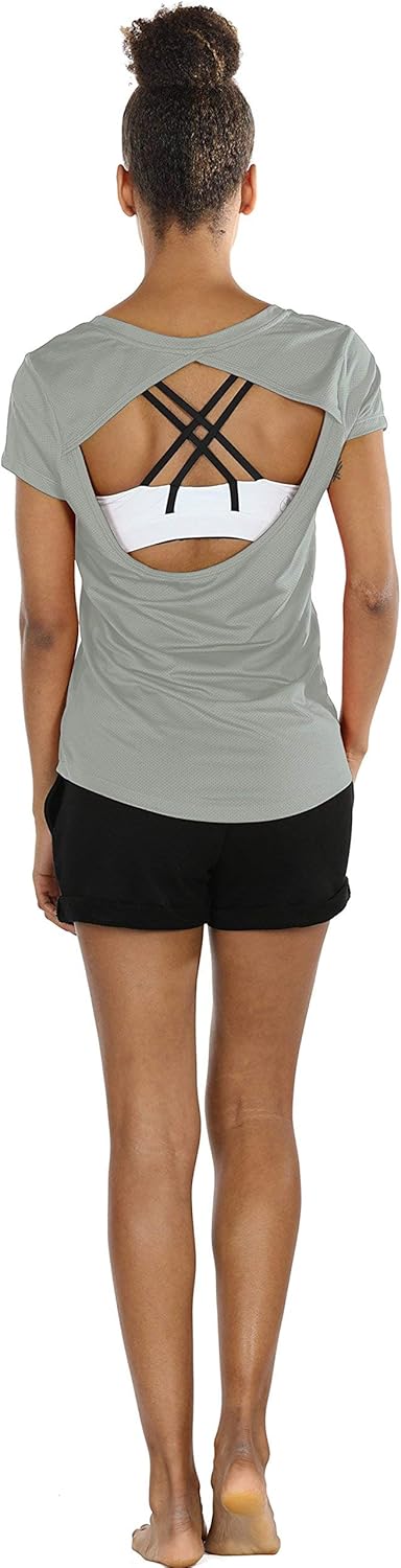 icyzone Activewear Fitness Yoga Tops Workout V Neck Open Back T-Shirts for Women at  Women’s Clothing store