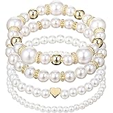 Mabor 4Pcs Pearl Bracelets for Women, White Gold Elegant Faux Pearl Beaded Bracelet Stackable Stretch Multilayered Elastic Bracelets for Bridesmaid Bridal Wedding Jewelry