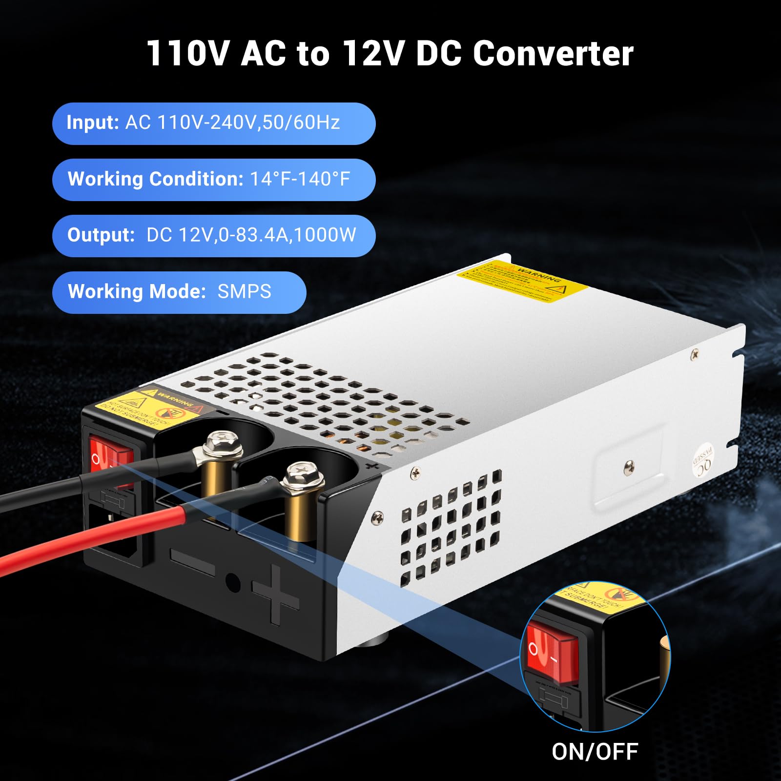 1000W Converter, 110V AC to 12V DC Converter Power SupplyMax Current 83A DC Switch Transformer for RV,Pump,LED Strip, LCD Monitor