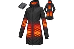 Topdot Graphene Long Heated Jacket for Women with 12V 18400mAh Battery Pack, 8 Heat Zones Hooded Coat for Winter Warmth