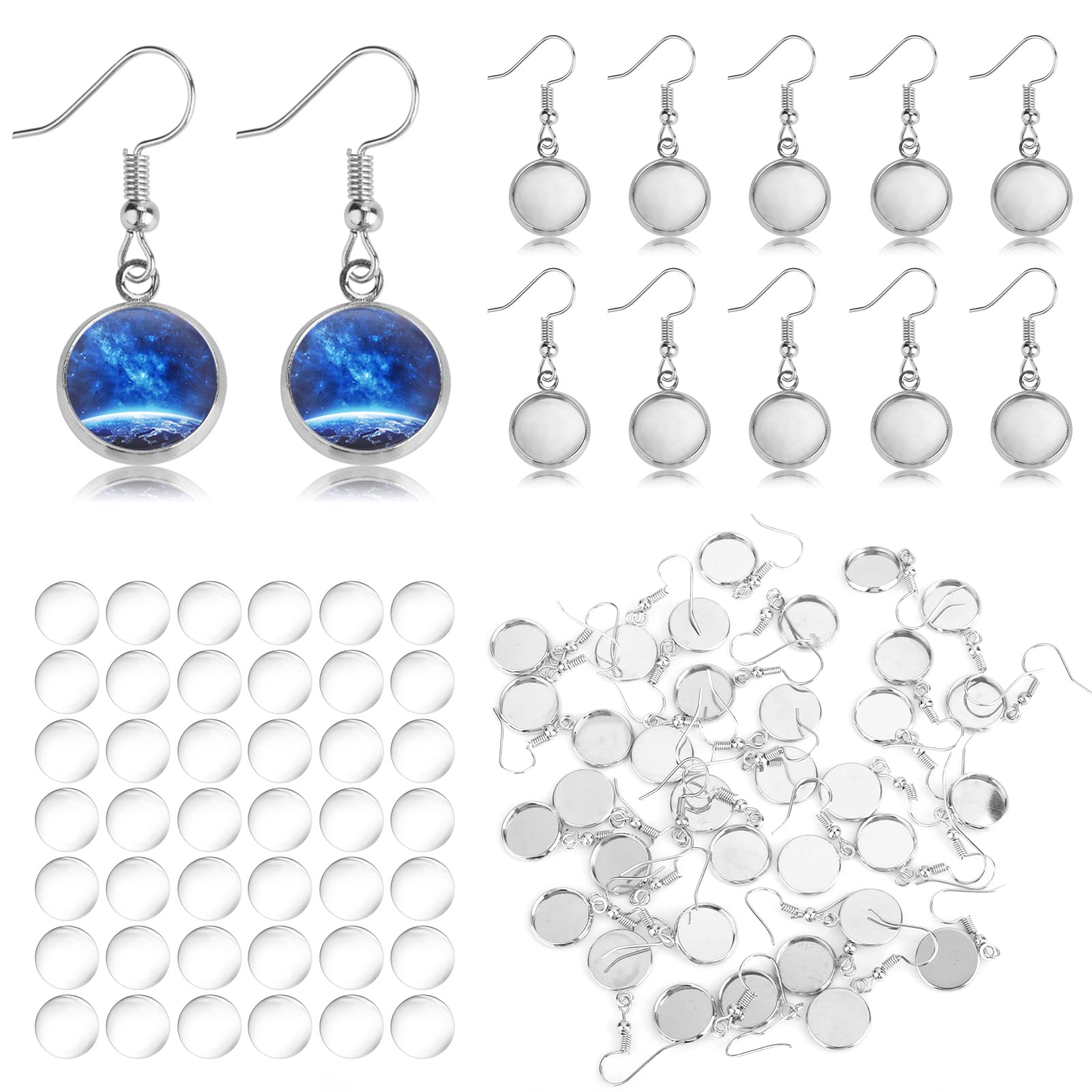 100 Pieces Blanks Earring Hooks for Jewellery Making, Includes 50 Pcs Earrings Wire Hooks Blanks Bezel Trays with 50 Pieces 12 mm Glass Cabochons Setting for Earrings Making DIY Craft Accessories