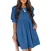 Dokotoo Womens Summer Crewneck Puff Sleeve Babydoll Elegant Empire Waist Mini Swing Skater Dresses with Pockets