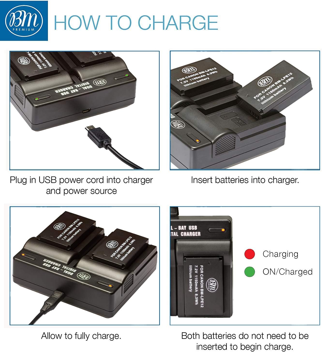 BM Premium 2-Pack of LP-E12 Batteries and USB Dual Battery Charger for Canon SX70 HS, Rebel SL1, EOS-M, EOS M2, EOS M10, EOS M50, EOS M100, EOS M200 Mirrorless Digital Cameras : Camera & Photo