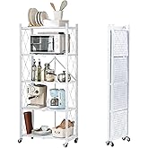 BRIAN & DANY 5-Tier Foldable Storage Shelves with Wheels, Folding Metal Rack Shelving Unit, Heavy Duty No Assembly Organizer Shelf for Garage, Kitchen, Basement, Pantry, White