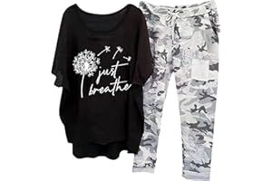 Generic Outfits For Women 2 Piece Sets Dandelion Print 3/4 Sleeve Blouse And Trousers Comfy Camouflage Pants Suit Tracksuit