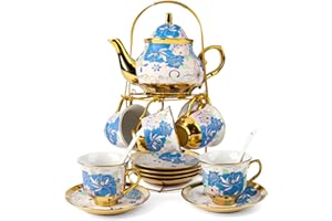 European Ceramic Tea Set for 6 People,20Pcs Porcelain Tea Set with Metal Stand,Vintage Floral Tea Cup and Saucer,Complete Gif