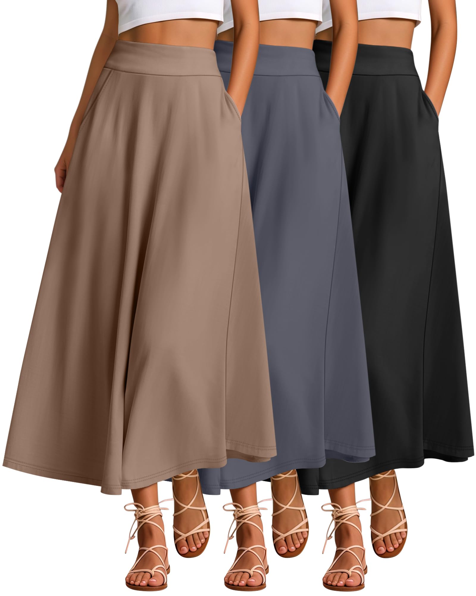 Photo 1 of Ficerd 3 Pack Women's Maxi Long Skirts with Pockets, A Line Ankle Length High Waisted Flowy Soft Cotton Summer Casual Skirts(Gray, Khaki, Black,X-Large)