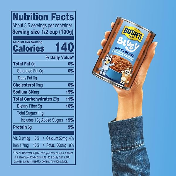 BUSH’S BEST 15.8 OZ CANNED BLUEY ORIGINAL BAKED BEANS, SOURCE OF PLANT BASED PROTEIN AND FIBER, LOW FAT, GLUTEN FREE, (BLUEY), (PACK OF 12)