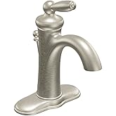 Moen Brantford Brushed Nickel One-Handle Traditional Low-Arc Bathroom Faucet with Optional Deckplate and Available Vessel Sink Extension Kit, 6600BN