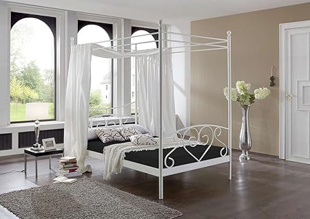 lifestyle4living Bett, Himmelbett, Metallbett, Futonbett, Komfortbett, Komplettbett, Liegefläche 120 x 200 cm, weiß, Rollrost