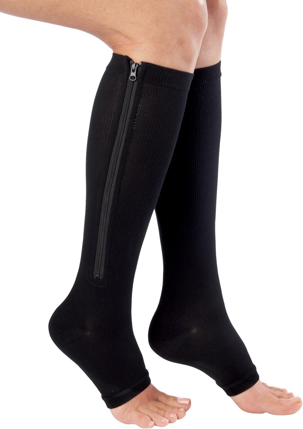 Bcurb Graduated Compression Zip Socks Sports Medical Support Recovery Stockings (Black - 1 Pair Zipper Socks, Calf = 11"-13.5", Large)