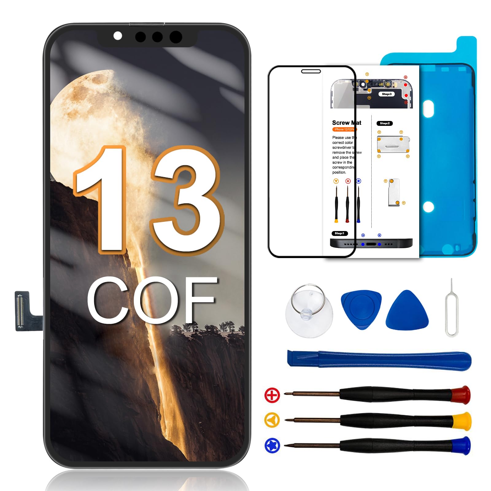 Dinow for iPhone 13 Screen Replacement COF, 6.1" LCD Display Full HD Touch Screen Digitizer Repair Tool for iPhone 13, Compatible with Model A2633/A2482/A2631/A2634/A2635