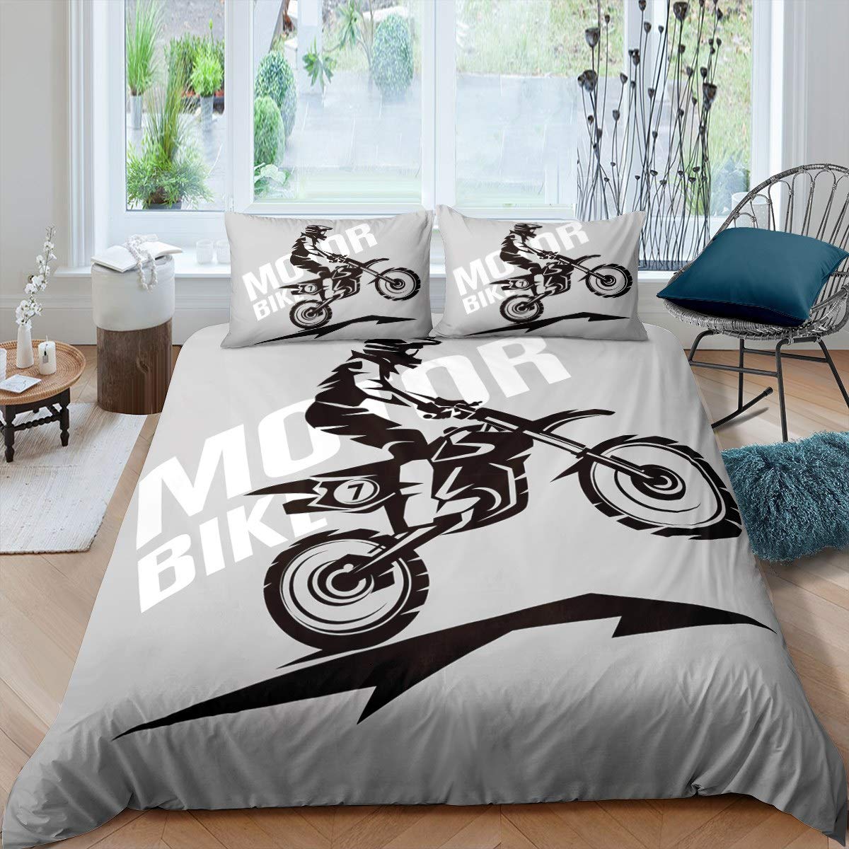 Loussiesd 3D Dirt Bike Comforter Cover Set for Kids Teen Man Extreme Sports Theme Duvet Cover Motocross Racer Printed Bedding Set Motorcycle Quilt Cover Bedroom Decor 3Pcs Bedcloths Double Gray