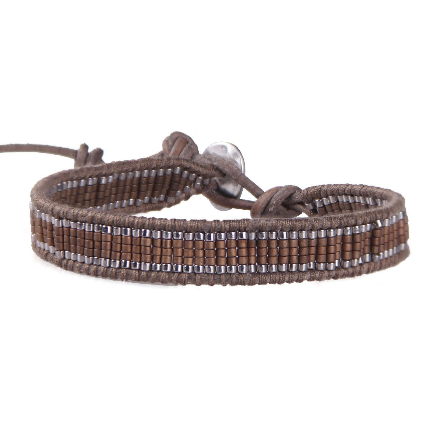 KELITCH Agate Beaded Bracelet on Natural Leather Wrap Bracelet Fashion Men Cuff (Brown)