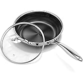 8 Inch Nonstick Frying Pan with Lid, Titanium Ceramic Tri-Ply Stainless Steel Non Stick Skillet W/Lid Small Hybrid Cooking Pan Healthy Induction Egg Frying Pan W/Stay Cool Handle, PFAS/PFOA/PTFE Free