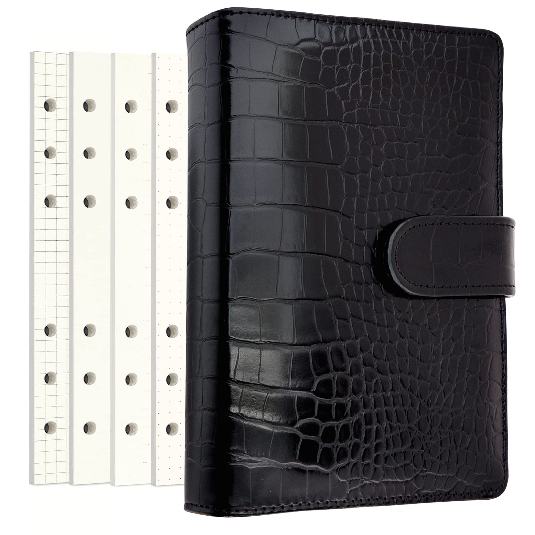 Zelten PU Leather Personal Notebook Planner with 80 Pages Loose-Leaf Papers 6 Holes Ring Binder Pen Holder Magnetic Buckle (Black Faux Crocodile Texture,A6 Mini)