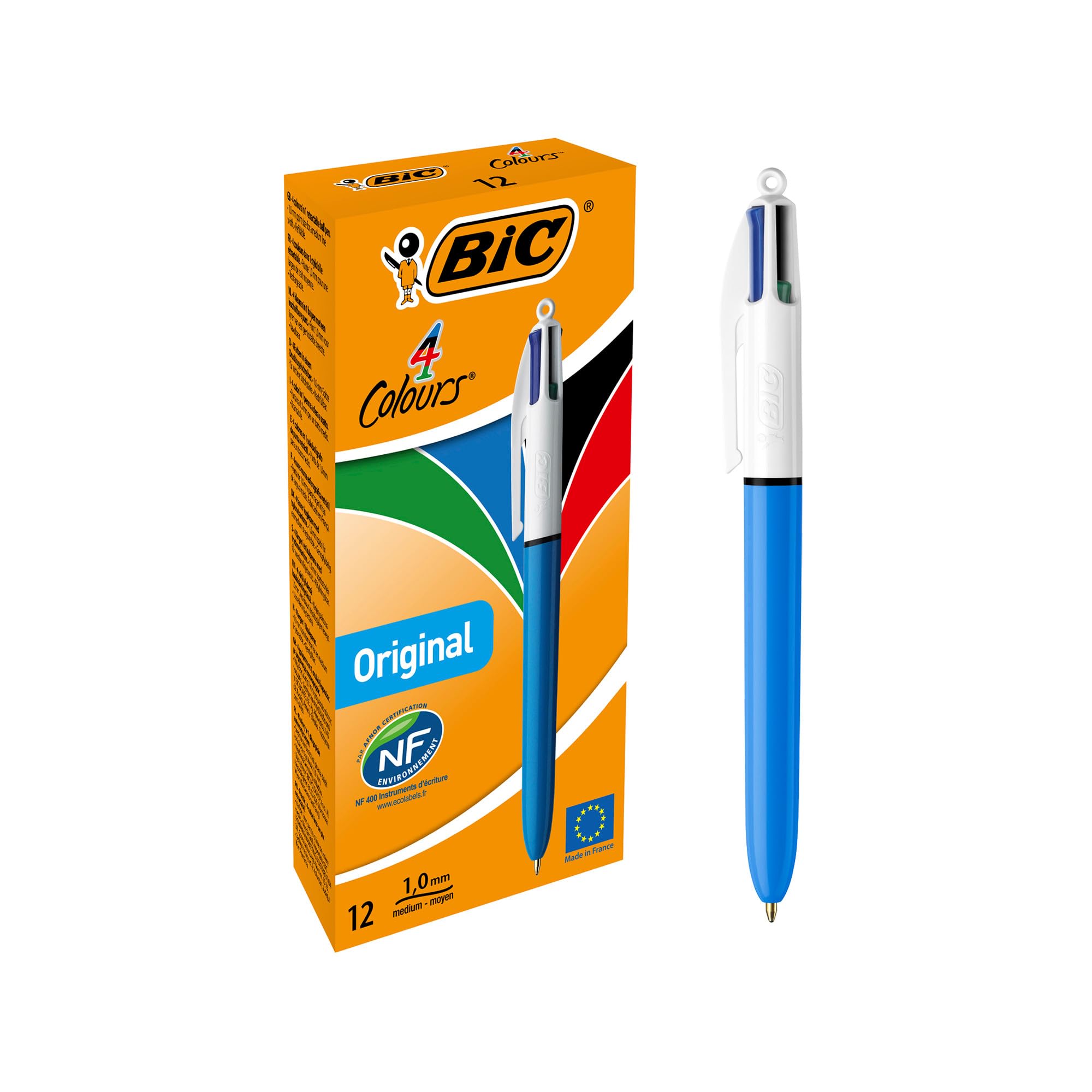 BIC 4 Colours Original Retractable Comfortable Ballpoint Pens - Box of 12 - Medium Point (1.0 mm) - Precision Writing