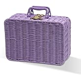 Mini Wicker Picnic Basket, Decorative Prop Suitcase Vintage Storage Hamper Makeup Organizer, 11.5" Metal Lock Rattan Storage Box with Handles for Sundries Travel Camping and Outdoor Party (Purple, L)