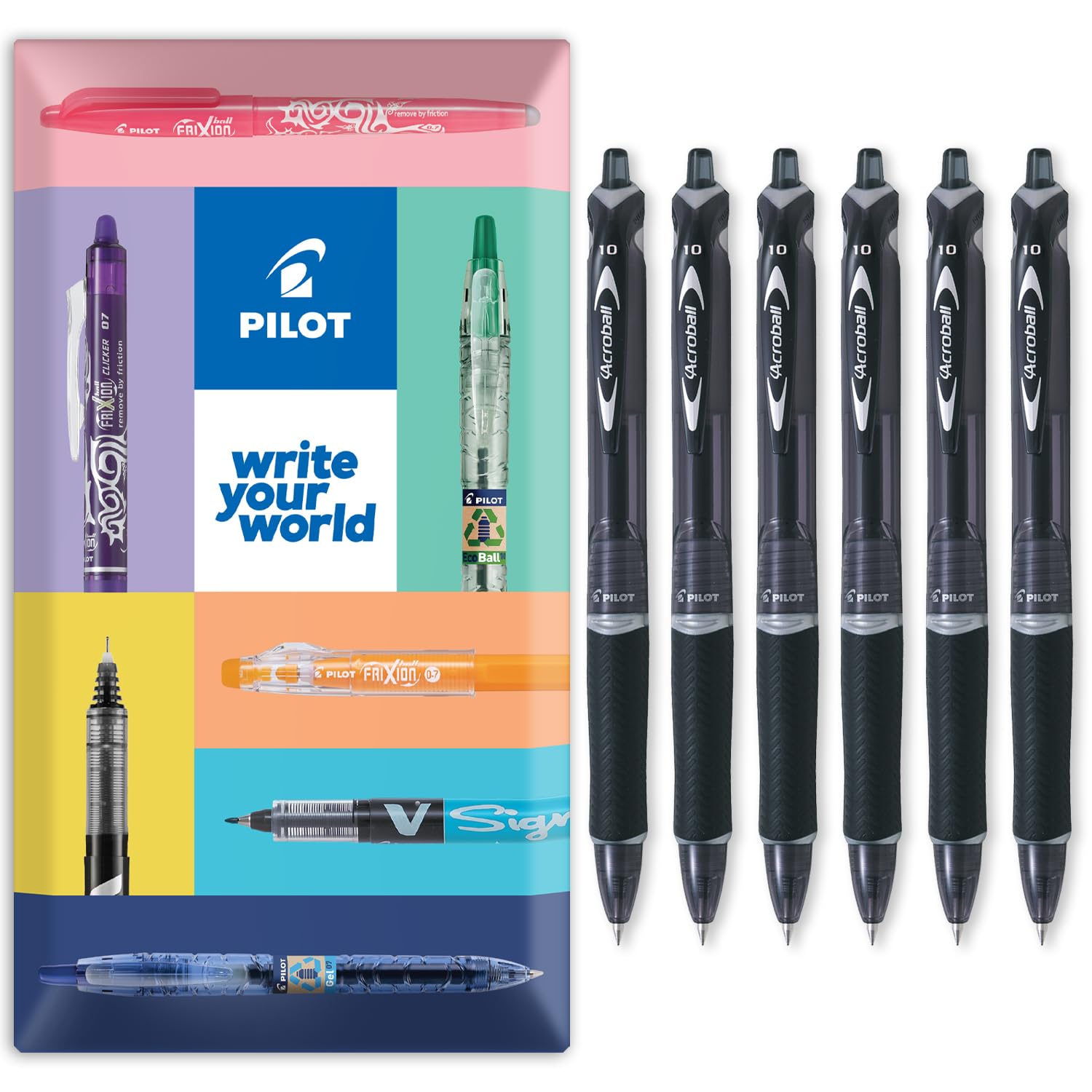 PILOT Acroball Retractable Ballpoint Pen - Begreen Range 79% Recycled - Pack of 6 Pens - Medium 1.0mm Nib - In Envelope Gift Packaging - Ideal for Writing, School, Home, Office. (Black)