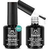 Beetles Gel Nail Glue and No Wipe Top Coat Kit, 2Pcs 15ml 9 In 1 UV Nail Glue for Acrylic Nail Tips Clear Press On Nails, Eas