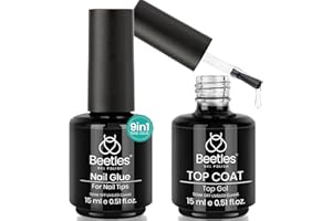 BEETLES GEL POLISH Beetles Gel Nail Glue and No Wipe Top Coat Kit, 2Pcs 15ml 9 In 1 UV Nail Glue for Acrylic Nail Tips Clear Press On Nails, Easy Nail Extension Gel, Soak Off LED Shine Finish DIY Home Manicure