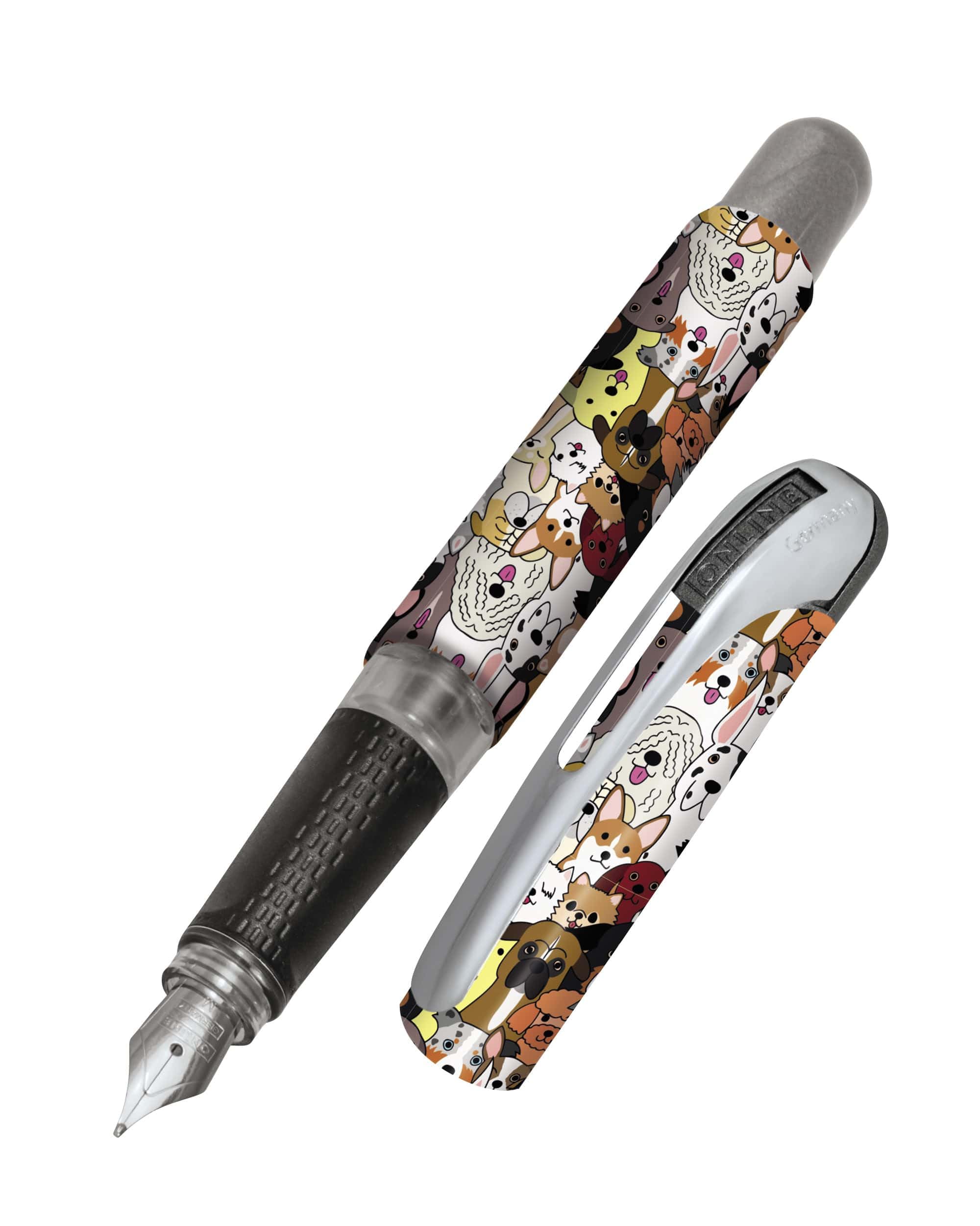 Online fountain pen College Fluffy Dogs, ink fountain pen for right-handers, ergonomic grip, iridium nib medium, standard ink cartridges, incl. combi cartridge blue, for allergy sufferers