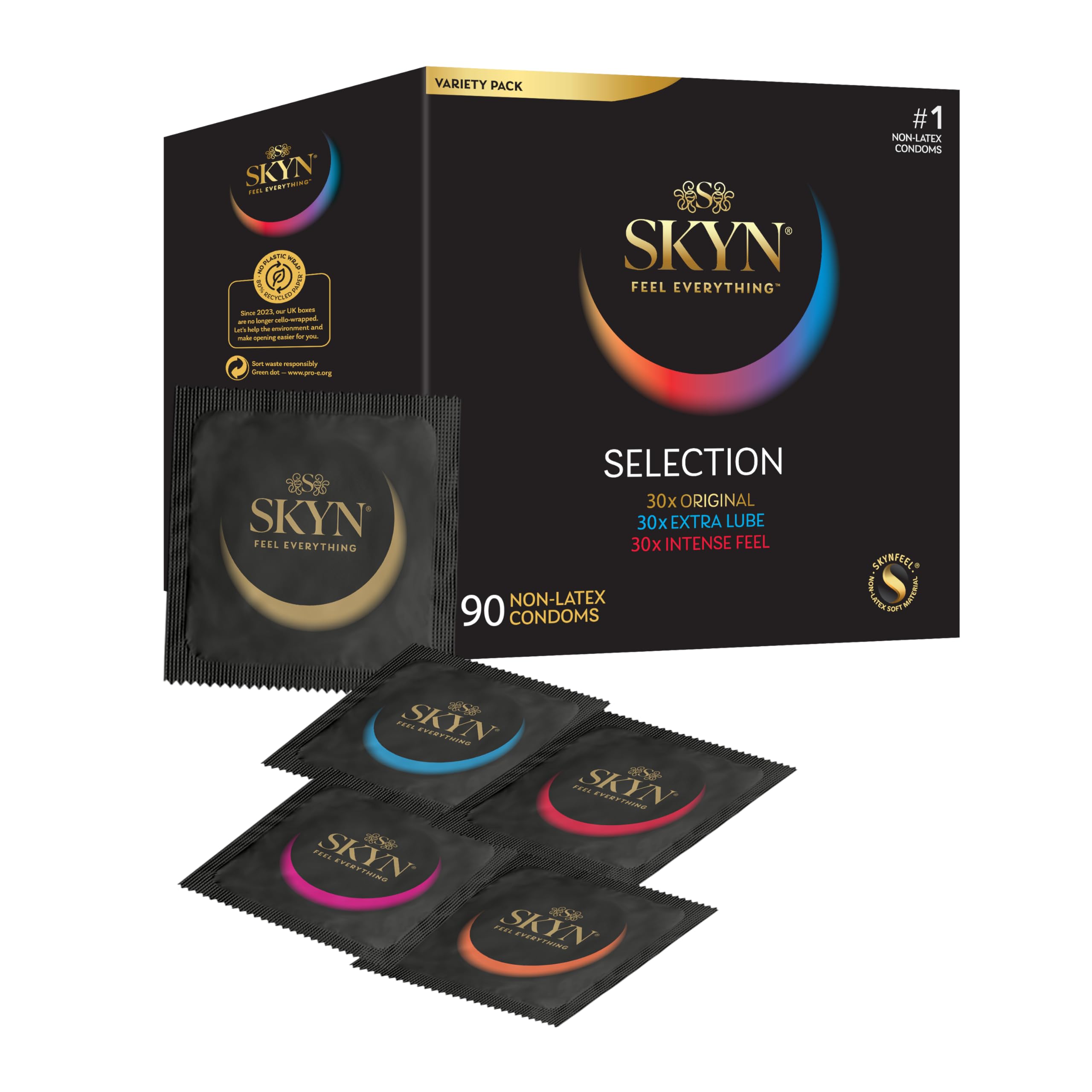SKYN Selection Condoms Pack of 90 / Skynfeel Latex Free Condoms for Men, 30 x Original, 30 x Intense Feel, 30 x Extra Lube, Regular Size, Thin, 53mm Wide