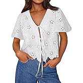 Trendy Queen Womens Summer Tops Cute Boho Blouses Beach Vacation Spring Outfits 2026 Tie Front Eyelet Embroidered Clothes