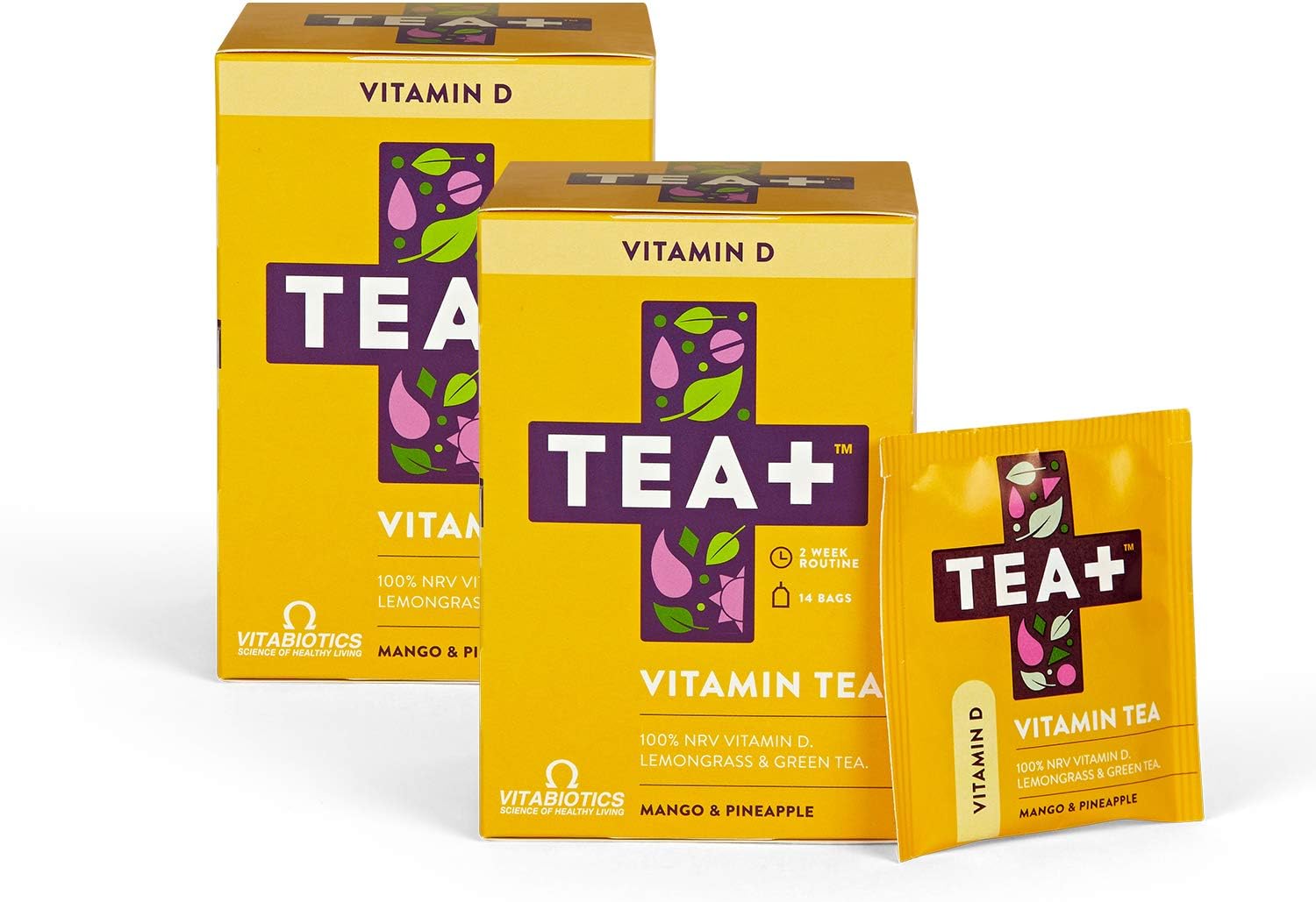 TEA+ (Tea Plus) Vitamin D Tea Green Herbal Tea Bags Mango Pineapple