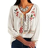 Higustar Mexican Tops for Women Embroidered Shirts Bohemian Hippie Clothes Tunic Fiesta Plus Size Boho Peasant Blouses