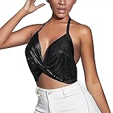 Women's Sexy Metalic Halter Backless Chain Crop Top Sparkly Deep V Neck Spaghetti Strap Sequin Tank Top Body Chain Party Club