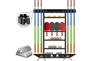 DITKOK Metal Pool Stick Holder Wall Mount, Pool Cue Rack & Ping Pong Paddle Holder, Holds 6 Cue Sticks & Full Set of Pool Balls, 4 Ping Pong Paddles & 8 Balls, Pool Cue Holder for Home Billiard Room