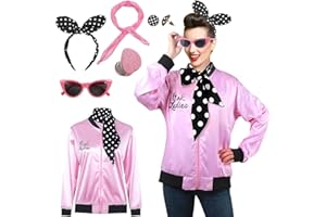 FAYBOX Pink Ladies Jacket Grease 50s Costume for Women Girls,Halloween Costumes 1950s Party Outfits Accessories for Adults